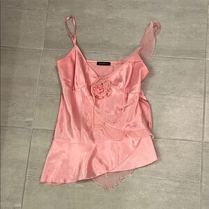 Vintage Y2K Pink Satin Camisole with Floral Detail